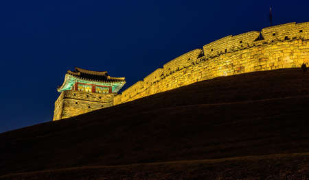 Hwaseong Fortress at night in Suwon, South Koreaのeditorial素材
