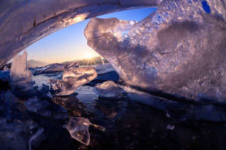 The sun sets of glacier in winter,Koreaの写真素材