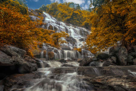 Mae Ya Waterfall ans Fallen leaves and leaves change color in Doi Inthanon National Park.