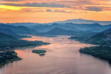 Sunset behind hill and Mekong river view at Nong Khaiの写真素材