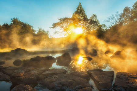 Morning light, hot springs and fog of Chae Son National Park in Lampang province, Thailandの写真素材