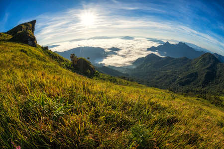 Landscape of Light morning sun with fog on Phu chee Fa in Chiang Rai, Thailand.の写真素材