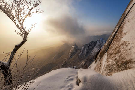 Bukhansan mountain in Winter landscape On a snow covered hill at Bukhansan National Park in Seoul, South Koreaの写真素材