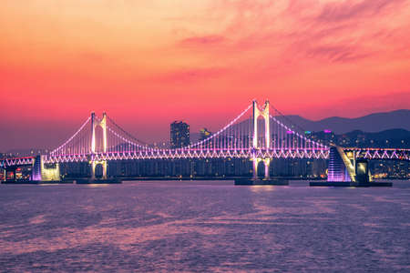 Busan city,Busan haeundae beach and gwangan bridge at night,South Koreaの写真素材