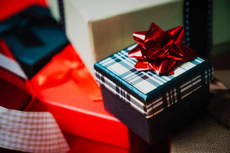 Set of gift boxes of different sizes and colorsの写真素材