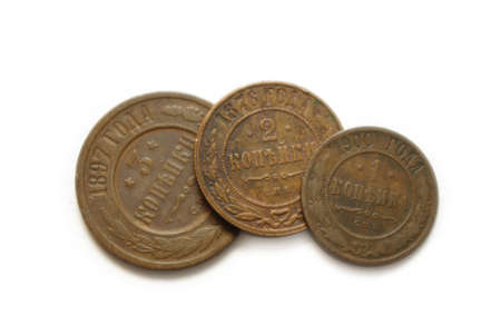 three old copper coins of Russia isolated on white background の写真素材