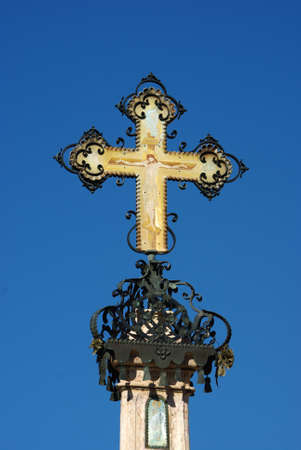 Ornate orthodox cross on top of plague pillar. Szentendre, Hungaryの写真素材