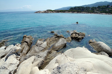 Bizarre rocks and beautiful blue sea in Sithonia, Greeceの写真素材