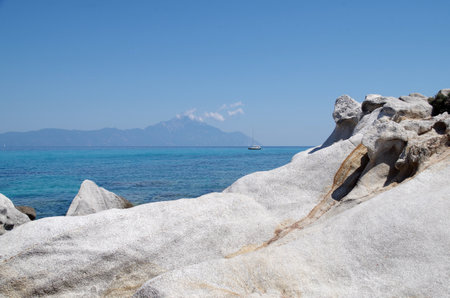Bizarre rocks and beautiful blue sea in Sithonia, Greeceの写真素材