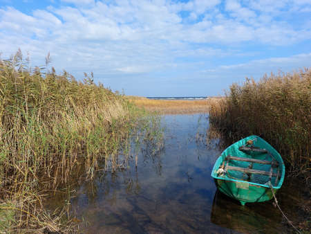 Landscape with reeds, river and blue fishing boatの写真素材
