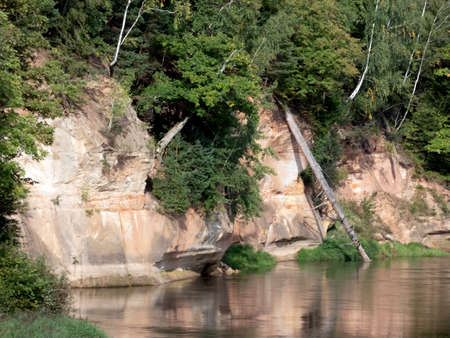 Sandstone cliff on the Gauja river bank, Gauja National Park, Latviaの写真素材