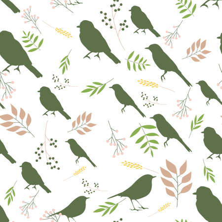 Seamless pattern with silhouettes of birds. pattern with birds and branchesのイラスト素材