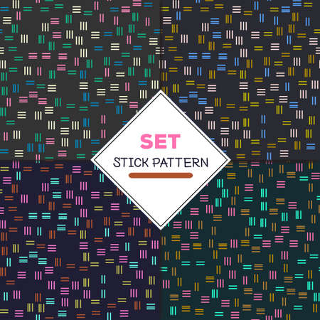 Set stick pattern. Set of four seamless textures. Multicolored strips on a black background.