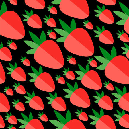 Red flat strawberries on a black background. A lot of berries on a black background. Seamless texture with berriesのイラスト素材