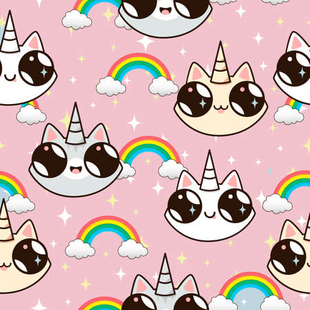 cats unicorns and a rainbow. unicorn cats on a blue background. seamless textureのイラスト素材