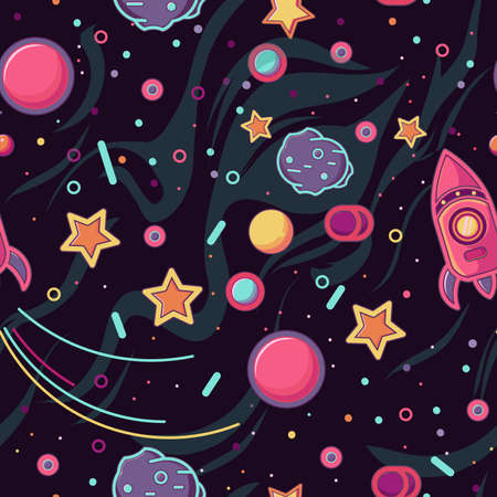 cartoon space. seamless pattern. rocket in space, comet and starsのイラスト素材