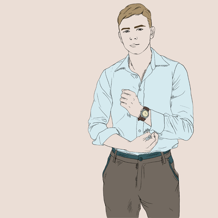 Young adult man  image, handsome boy with watch accessory in blue shirtのイラスト素材
