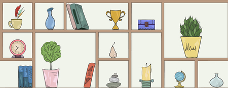 book shelves seamless pattern background, colorful objects collectionのイラスト素材