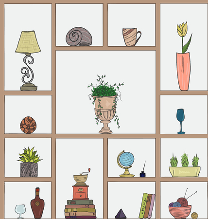 book shelves seamless pattern background, colorful objects collectionのイラスト素材