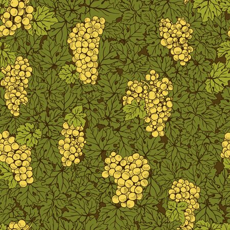 Hand drawn seamless pattern grape background. Green leaves, yellow bunches. Food and drinksのイラスト素材