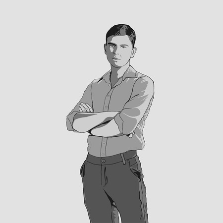 Handsome young adult men in shirt and trousers. Hand drawing illustration with black line art. Man with crossed armsのイラスト素材