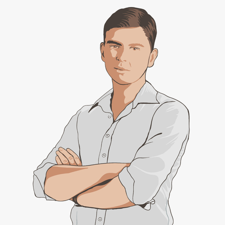 Handsome young adult men in shirt and trousers. Hand drawing illustration with black line art. Man with crossed armsのイラスト素材