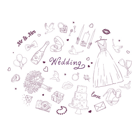 Wedding icons in isolated background. Linear graphic. Romantic engagement. Vector image with a calligraphic inscriptionのイラスト素材