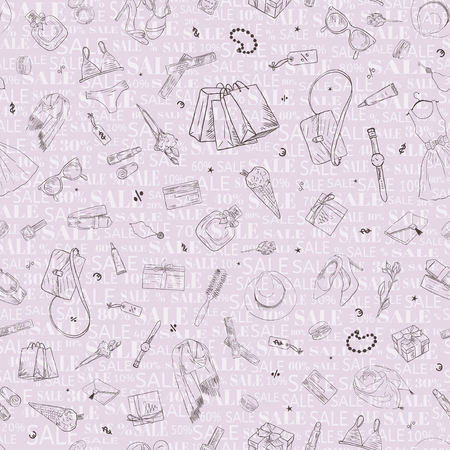 Seamless pattern with shopping sale icons. Woman holiday purchase, hand drawn backgroundのイラスト素材