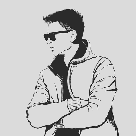 Handsome young adult man in sunglasses. Hand drawing vector illustration silhouette style . Man with crossed armsのイラスト素材