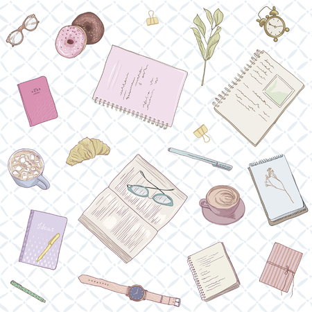 Women's seamless pattern. Hand drawn illustration in pastel colors work notes, background studying, creative lifestyle.のイラスト素材