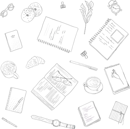 Work notes seamless pattern background studying, creative lifestyle. Hand drawn illustration women's fashion.のイラスト素材