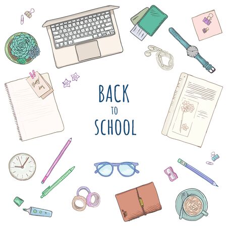 Top view of workplace, office supplies and gadgets. Flat lay view from above. Vector illustration creative study space, book, notebook, pens, glassesのイラスト素材