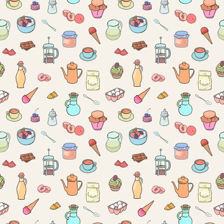 Cooking bakery, sweets, breakfast tea and coffe seamless background. Vector illustration pattern tasty food iconsのイラスト素材