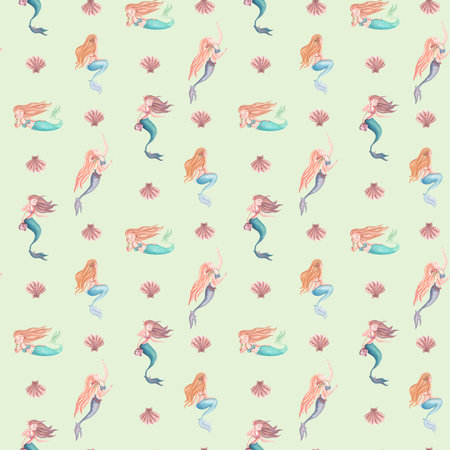 Delicate watercolor pattern in green with mermaids, shells. Seamless watercolor pattern for kids on the theme of sea life.の写真素材