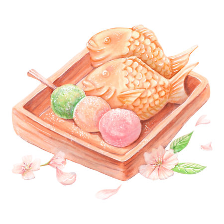 Hand drawn illustration in Japanese style with taiyaki fish and dango balls. Dessert with markers in pastel. Japanese food with flowers.の写真素材