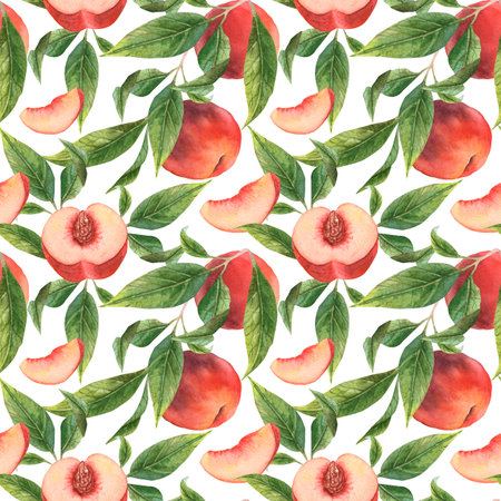 Watercolor pattern with peaches, nectarines. Pastel pattern for fabric