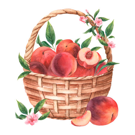 Handmade Watercolor Basket with Peaches. Basket with harvestの写真素材