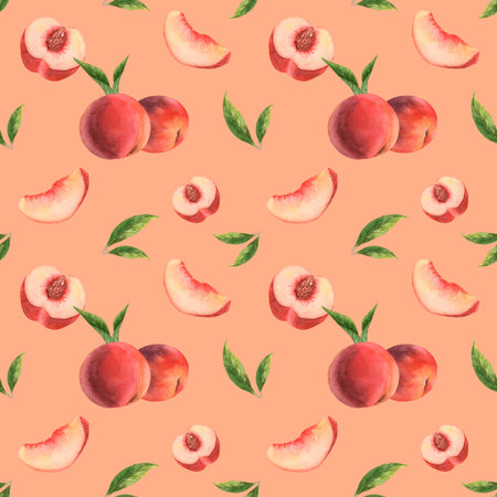 Watercolor pattern with peaches, nectarines. Pastel pattern for fabric, beige, peach color.の写真素材
