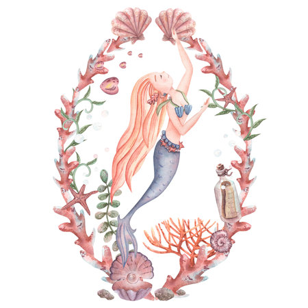Watercolor wreath, frame of pink shells, pearls, seaweed, coral, starfish and mermaid. Sea lifeの写真素材