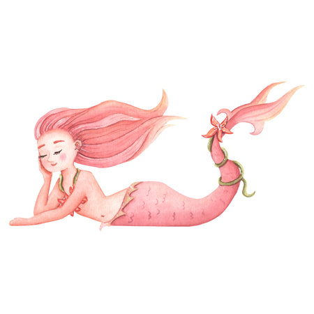 Watercolor cute mermaid in pink. Childrens illustration for scrapbookingの写真素材