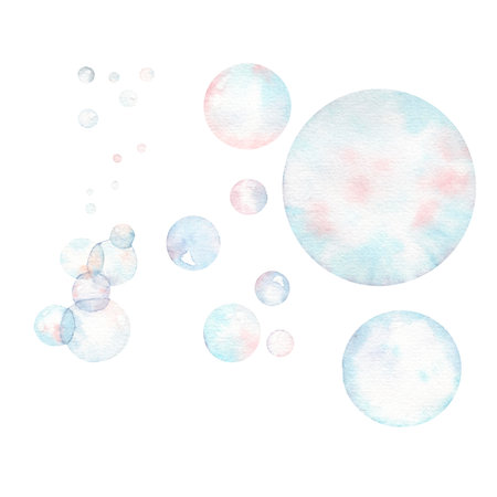 Watercolor bubbles blue and pink. Underwater bubbles.