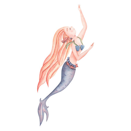 Watercolor cute mermaid in blue. Childrens illustration for scrapbookingの写真素材