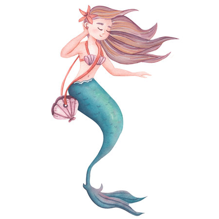 Watercolor cute mermaid in blue. Childrens illustration for scrapbookingの写真素材