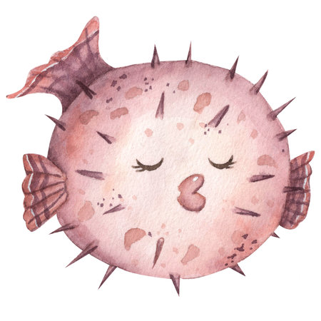 Puffer fish watercolor, cute childrens illustration.の写真素材