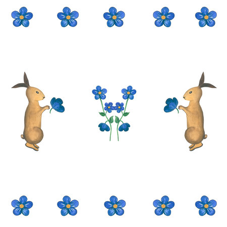 Watercolor illustrations rabbits and flowers in medieval style. Seamless pattern hand drawn on a white background.For the design and decoration of souvenirs, posters, postcards, prの写真素材