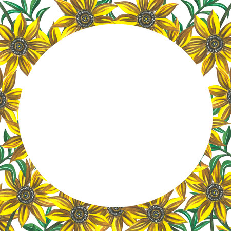 Watercolor illustration sunflower round frame. Made by hand on a white background. For the design and decoration of souvenirs, posters, postcards, prints.の写真素材