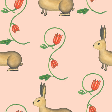 Watercolor rabbits and plants in medieval style. Seamless pattern hand drawn on a coral background.の写真素材