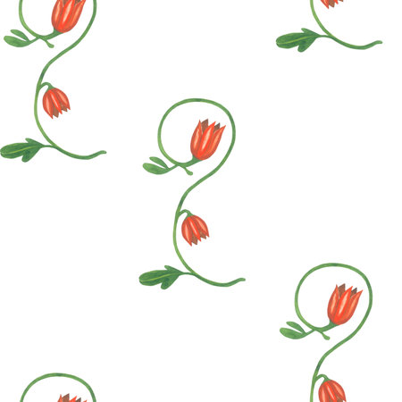 Watercolor plant monogram in medieval style. Seamless pattern hand drawn on a white background.の写真素材