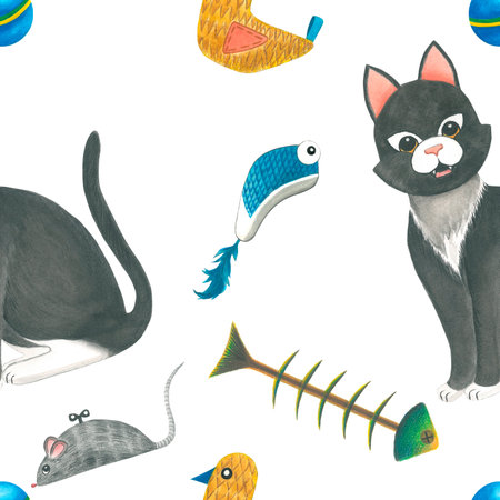 Watercolor illustration cat and cat toys. Seamless pattern hand drawn on a white background. For the design and decoration of souvenirs, wrapping paper, posters, postcards, printsの写真素材