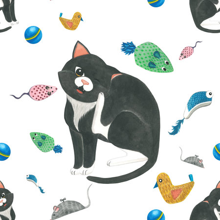 Watercolor illustration the cat itches and cat toys . Seamless pattern hand drawn on a white background. For the design and decoration of souvenirs, wrapping paper, posters, postcaの写真素材